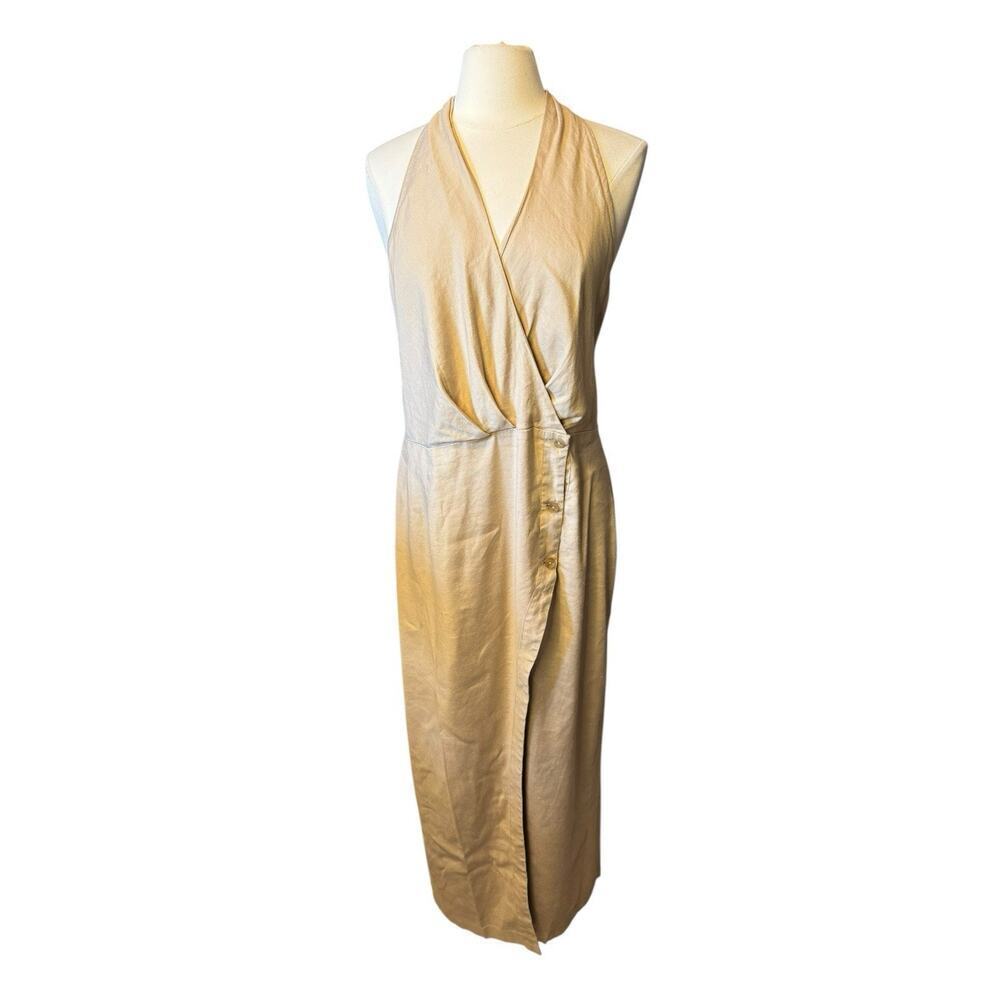 Anthropologie Viscose Linen Halter Button Front Maxi Dress Size XL Khaki Tan